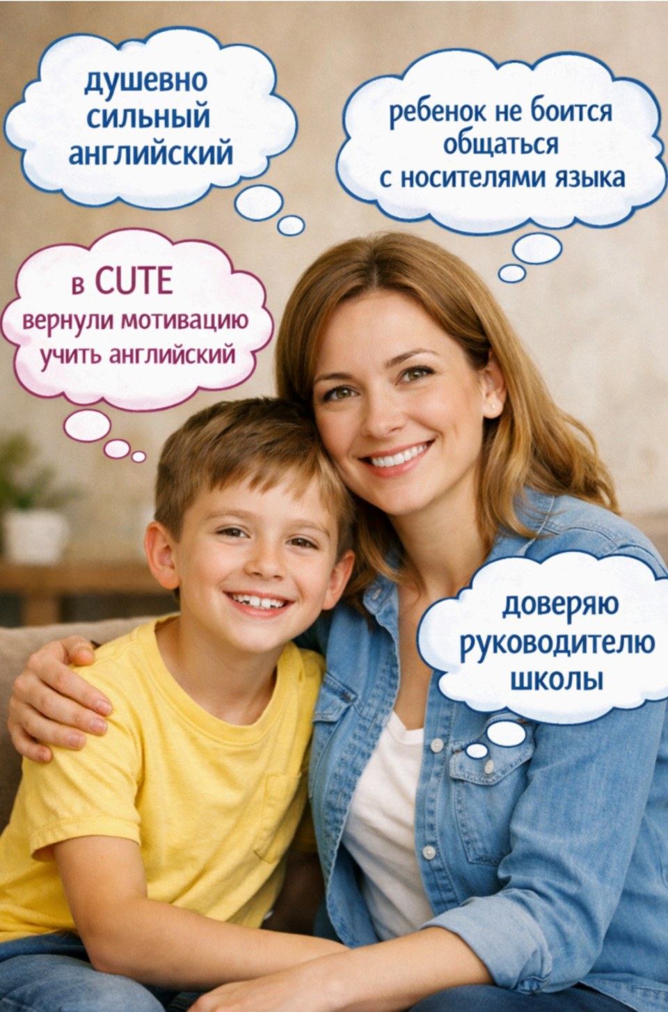 Мама с сыном и облачка с отзывами родителей о школе английского CUTE